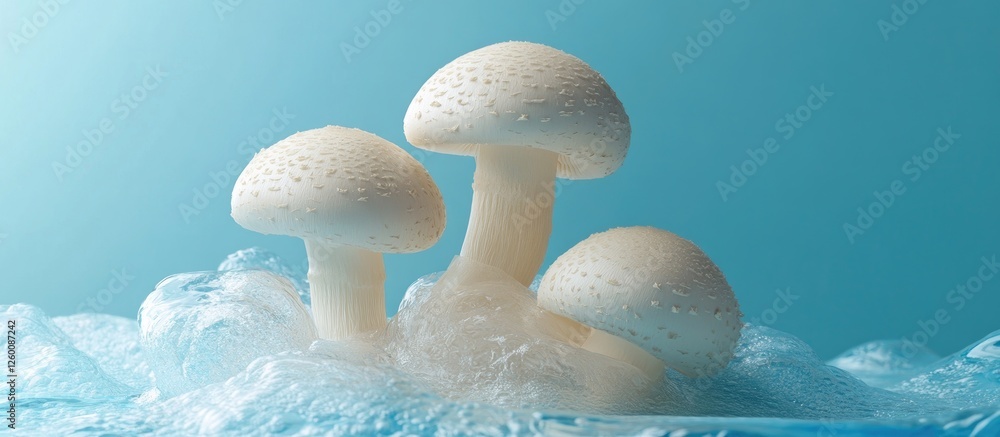 Poster fresh white mushrooms emerging from soft blue water droplets, centrally positioned with a smooth gra