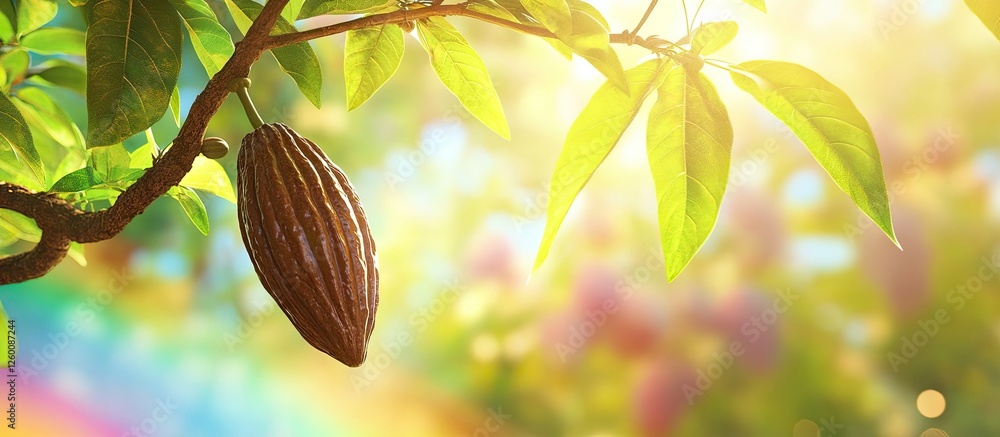 Poster cacao fruit hanging from a branch amid green leaves set against a vibrant rainbow backdrop creating 