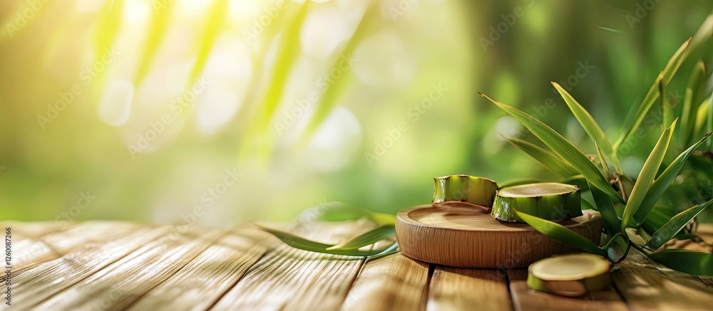 Poster natural bamboo slices arranged on a wooden surface with lush green bamboo leaves in the background, 