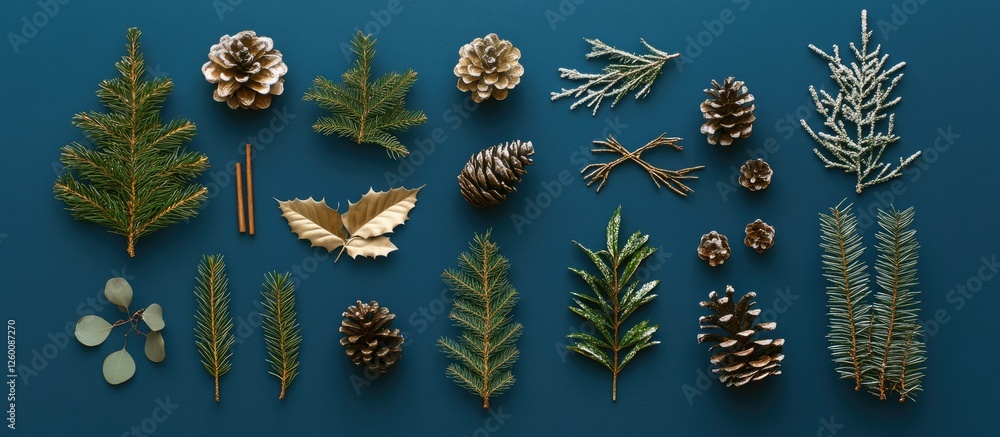 Poster flat lay arrangement of festive christmas decorations on a deep blue backdrop featuring pine cones e