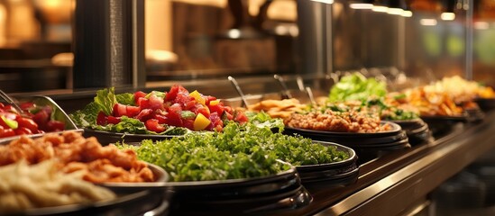 Obraz premium Buffet display featuring vibrant fresh lettuce and colorful vegetable options with golden breaded meat cutlets creating a satisfying meal arrangement.