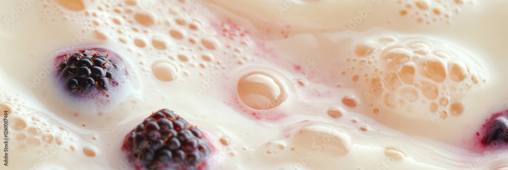 Poster cashew milk blends with whole blackberries creating a captivating smooth texture
