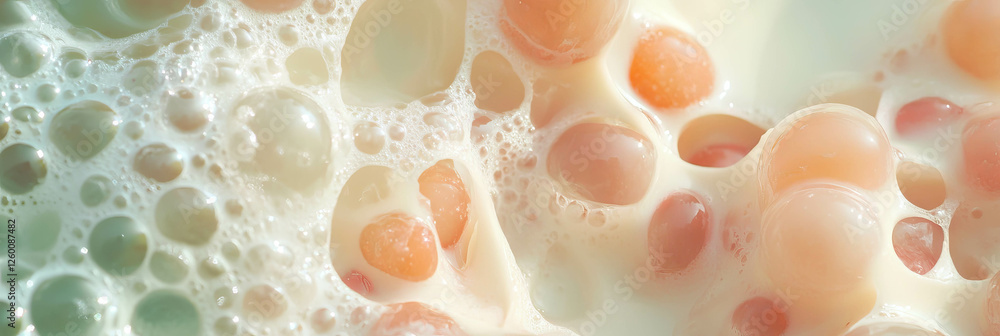 Poster complex ripples of cashew milk with gooseberry berries create a unique visual texture