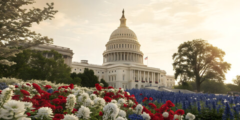 Fototapeta premium Blooming flowers at the u.S. Capitol springtime scene government building vibrant colors scenic view american heritage