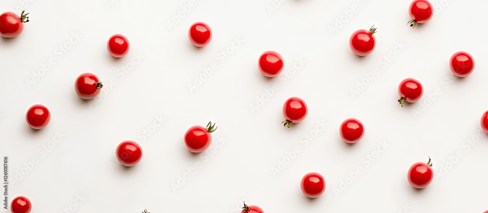 Poster vibrant red cherry tomatoes scattered across a clean white backdrop highlighting their fresh color a