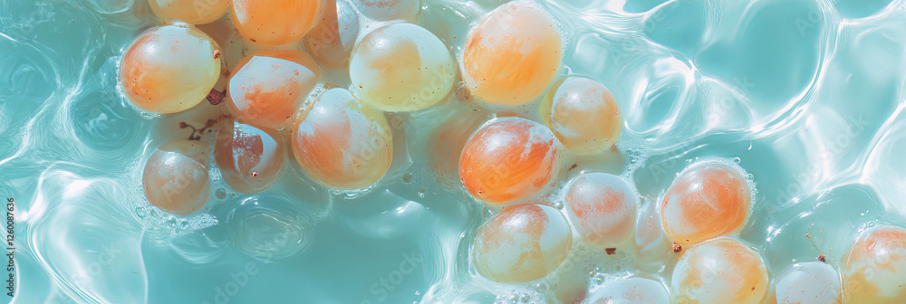 Poster cashew milk swirls with halved grapes forming ripples in a refreshing background design