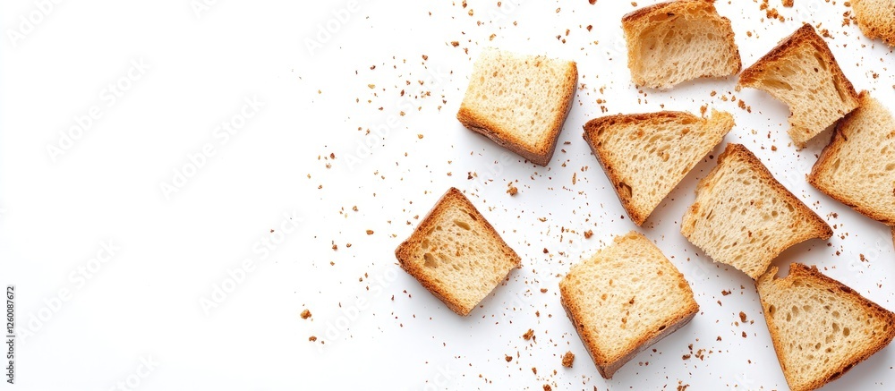 Aufkleber Scattered golden bread crumbs on white background in a top view flat lay with varying sizes of square pieces creating a textured visual effect