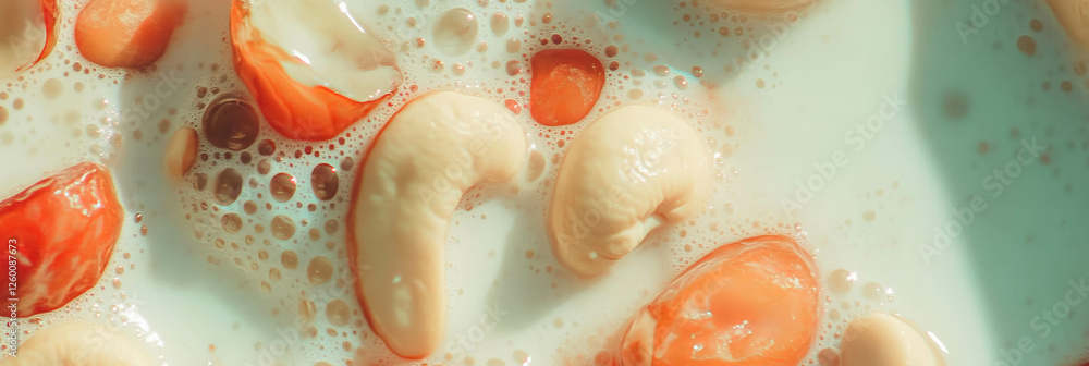 Poster smooth cashew milk with sliced dates forming gentle ripples in a serene backdrop