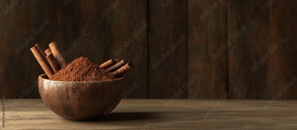 Aufkleber warm cinnamon powder in a rustic wooden bowl with several cinnamon sticks arranged artistically agai