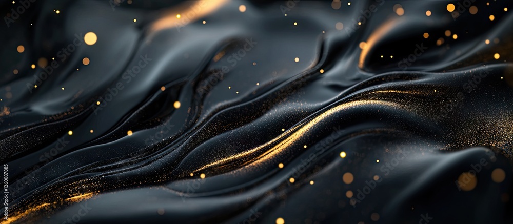 Poster elegant abstract background showcasing flowing black fabric with shimmering gold accents and soft bo