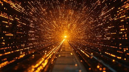 Golden data stream tunnel, digital speed, futuristic background, tech presentation