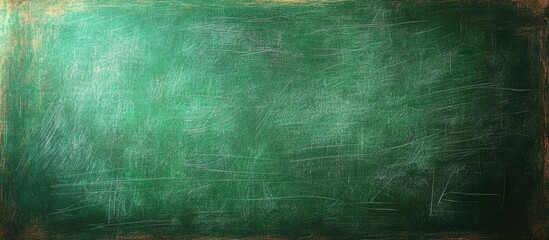 Fototapeta premium Textured green chalkboard background with subtle scratches and a wooden frame featuring ample copy space for text or illustrations.