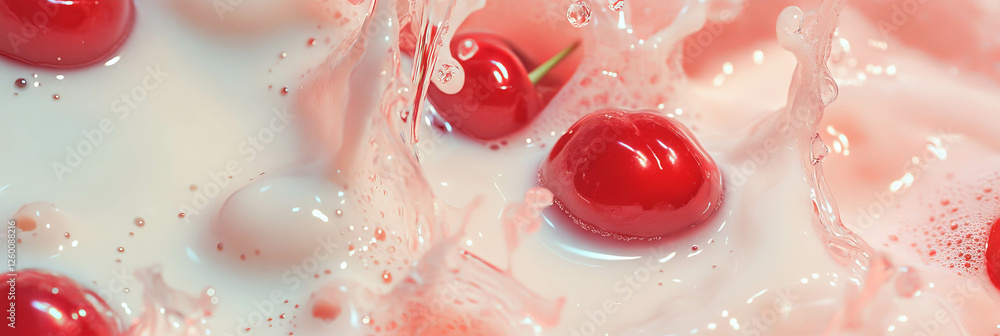 Poster Coconut milk splashes with halved cherries creating star-shaped patterns