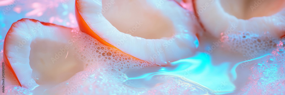 Poster coconut milk and apricot halves create soft ripples in a serene aquatic background