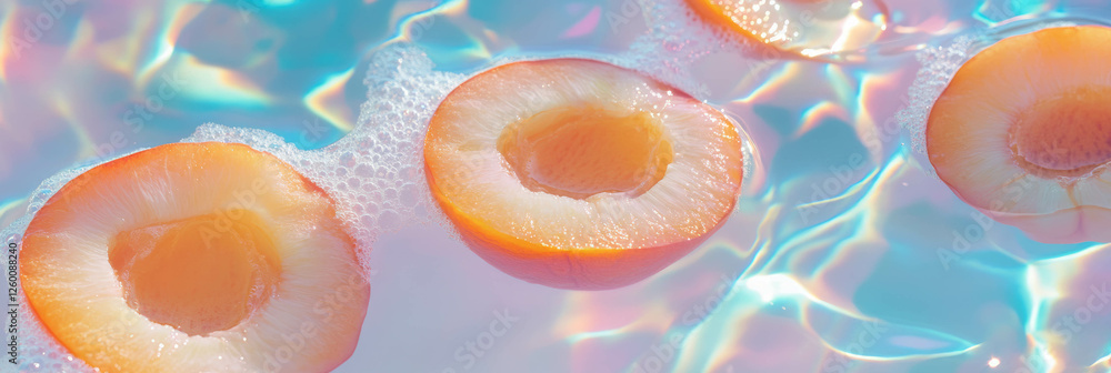 Poster coconut milk and apricot halves create soft ripples for a soothing background design