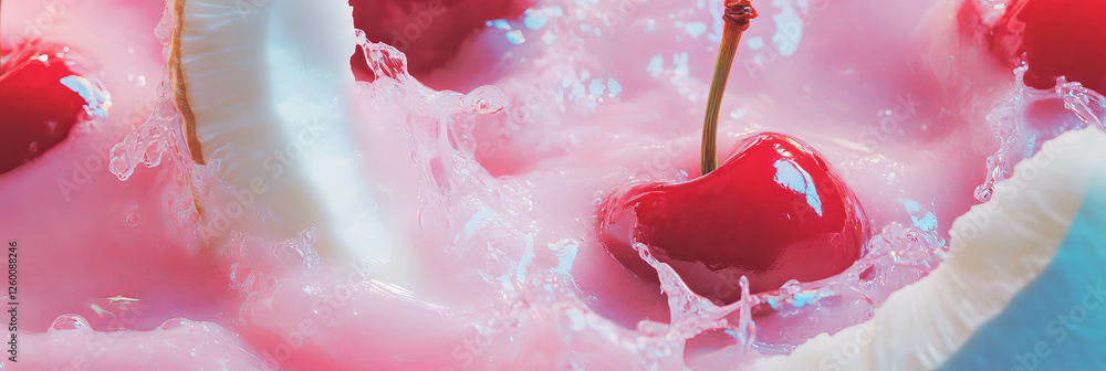Poster coconut milk and cherries create a colorful splash in a refreshing dessert setting