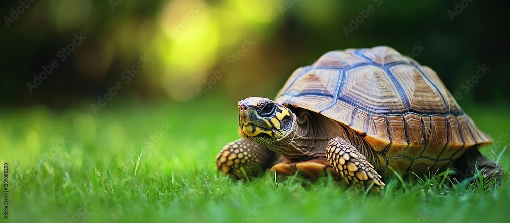 Poster turtle on green grass background showcasing natural habitat with bright green bokeh lights creating 