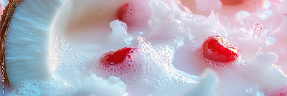 Poster coconut milk with cherries creating artistic ripples and splashes for a vibrant banner