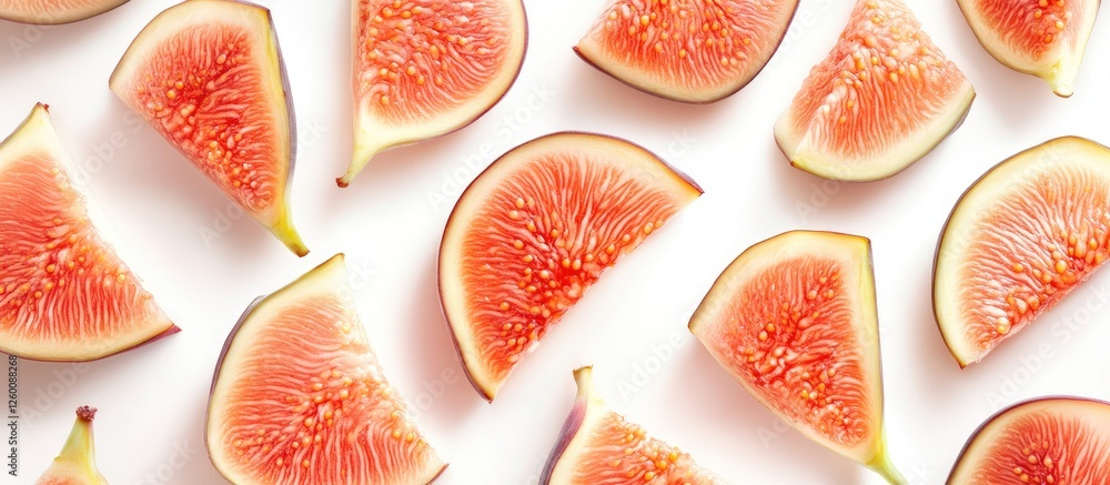 Poster slices of ripe pink figs arranged artfully on a white background showcasing their vibrant colors and