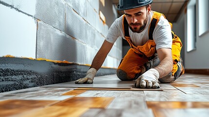 employee laying laminate parquet and flooring renovation and repair of flooring expertly performed professional service banner promotion vector illustration in flat style with a white backdro