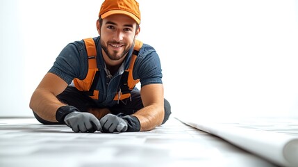 employee laying laminate parquet and flooring renovation and repair of flooring expertly performed professional service banner promotion vector illustration in flat style with a white backdro