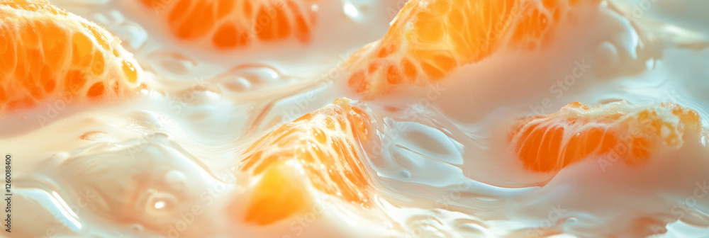 Poster Coconut milk and tangerine segments creating circular ripples for a refreshing backdrop