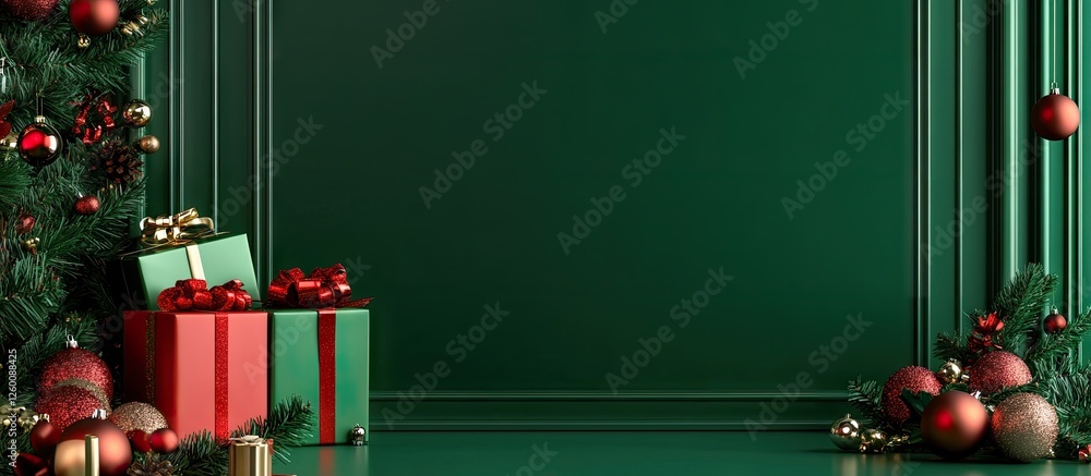 Poster christmas themed product display featuring vibrant green backdrop with gifts in red and gold, adorne