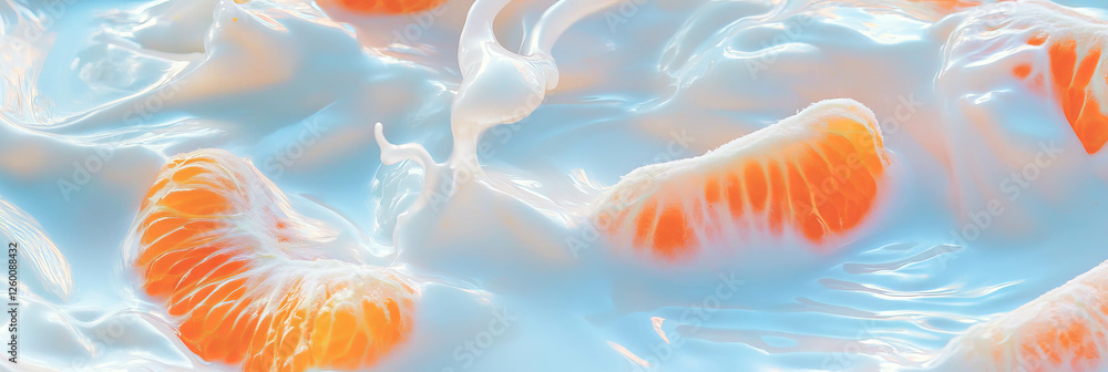 Poster Coconut milk mingles with tangerine segments creating elegant ripples in a serene setting