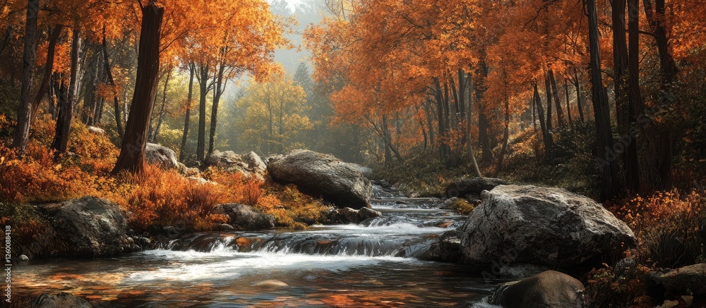 Aufkleber autumn forest scene with vibrant orange foliage and a winding stream, illuminated by soft sunlight t