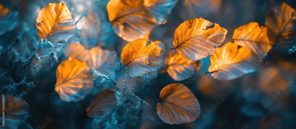 Aufkleber autumn beech leaves in vibrant orange scattered on a blurred nature bokeh background with deep blue 