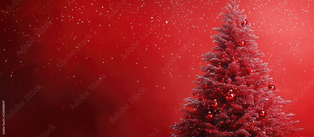 Leinwandbilder red and gold decorated christmas tree on the right side of a bright red background with falling snow