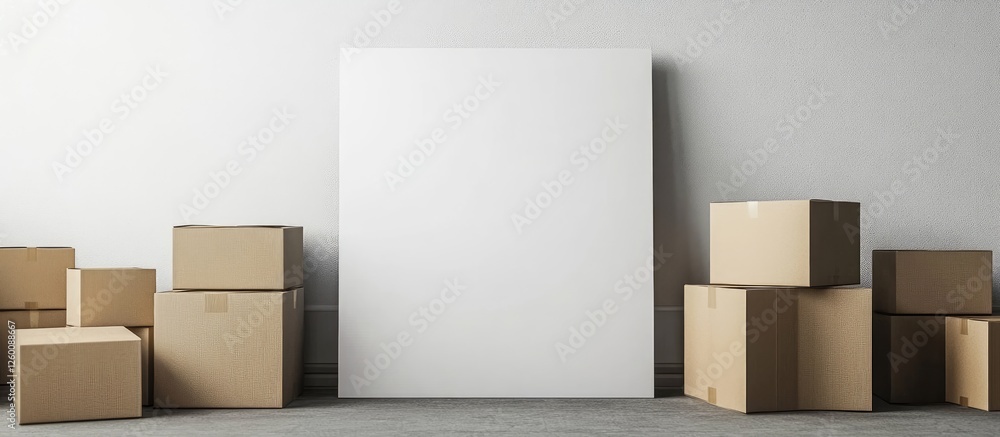 Aufkleber cardboard boxes arranged on the floor beside a large blank white canvas against a gray wall, highlig