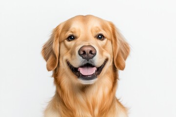 Obraz premium Cheerful golden retriever with bright smile against clean white