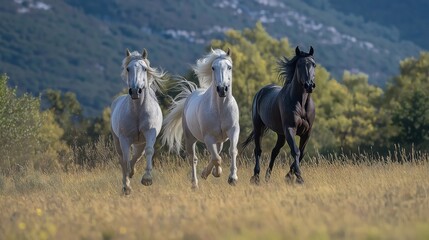 Obraz premium horses are of different colors - one is grey, one is white, and one is black. They are galloping with their manes and tails flowing in the wind
