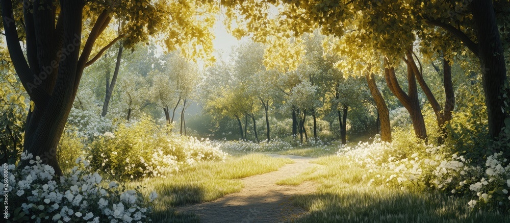 Poster serene spring forest with vibrant green trees and sunlight filtering through the foliage, framing a 