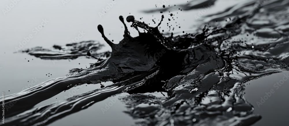 Poster Serene grayscale abstract featuring dynamic black paint splashes against a water-like surface, creating a calming and artistic visual experience.