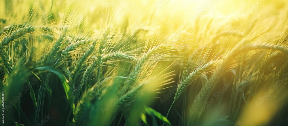 Poster sunlit aerial view of lush green grass and golden wheat ears gently swaying in a warm glow creating 