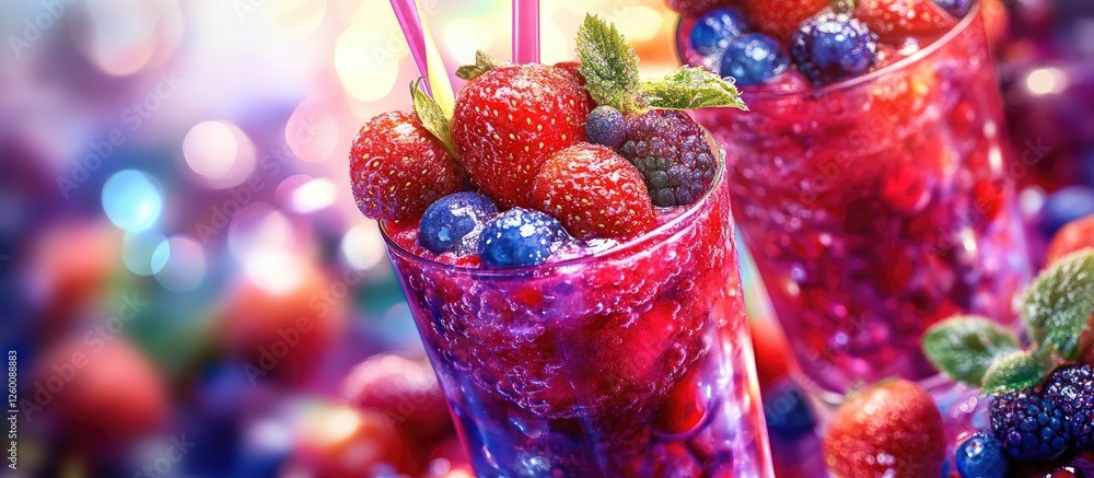 Poster vibrant berry smoothie in clear glasses against a colorful blurred background garnished with fresh m