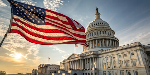 Historic flag waving capitol building architectural photography urban landscape sunset view symbol of freedom
