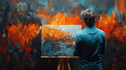 empty white canvas on wooden easel in front of grunge wall copy space