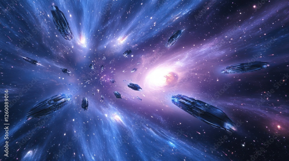 Poster spaceships navigate through a wormhole in a deep space scene