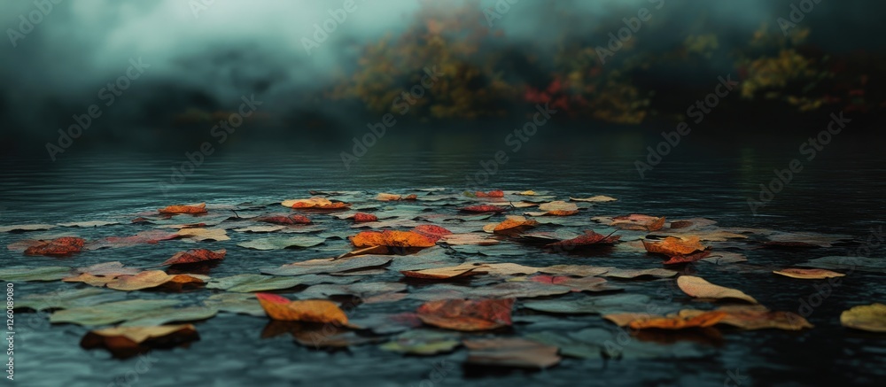 Aufkleber serene autumn lake scene with vibrant orange and yellow leaves floating on dark water against a mood