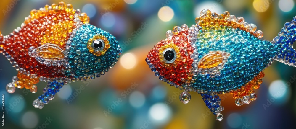Poster colorful beaded fish with vibrant red and blue hues swimming against a blurred multicolored backgrou