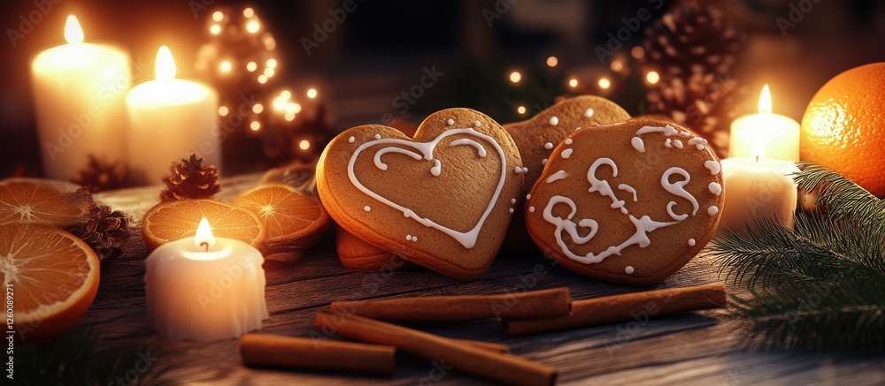 Aufkleber heart-shaped gingerbread cookies with icing surrounded by cinnamon sticks, fresh oranges, and glowin