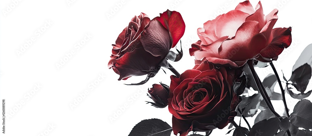 Poster Elegant deep red and soft pink roses in full bloom on a white background with green leaves positioned on the left side creating a striking contrast