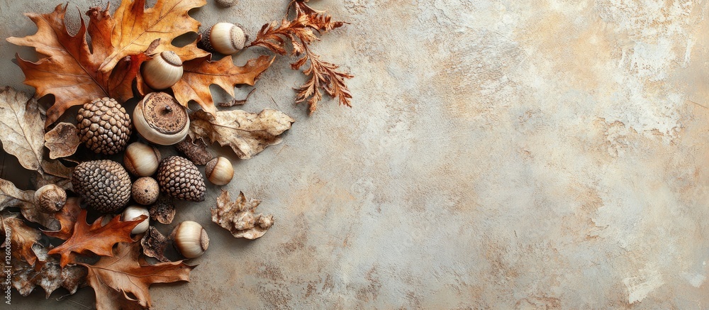 Poster autumn leaves acorns and chestnuts arranged artistically on a textured pastel background with warm e