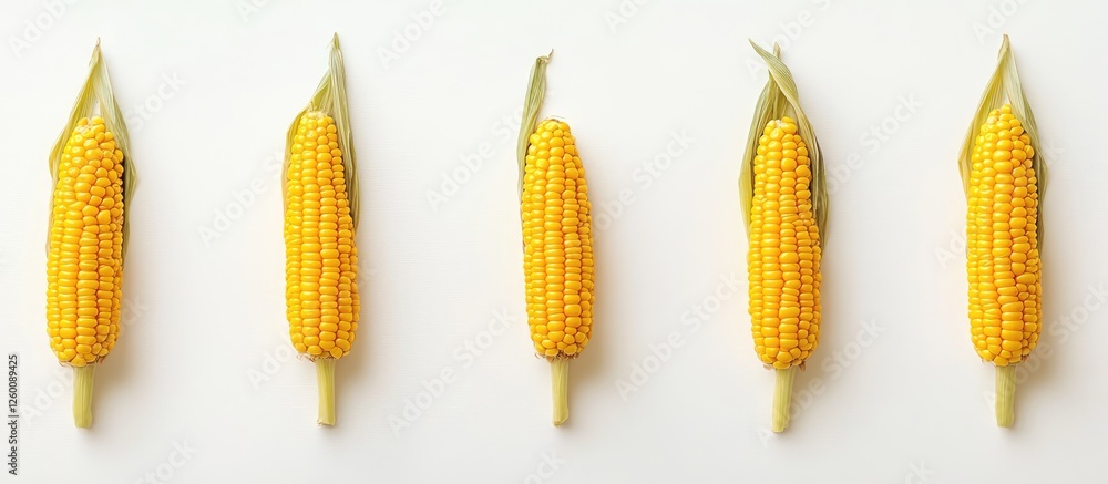 Poster vibrant yellow corn cobs arranged in a linear manner on a clean white background highlighting freshn