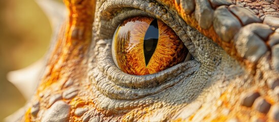 Fototapeta premium Close-up view of a bearded agama lizard's eye showcasing vibrant orange and brown tones with detailed skin texture highlighted against a blurred background.