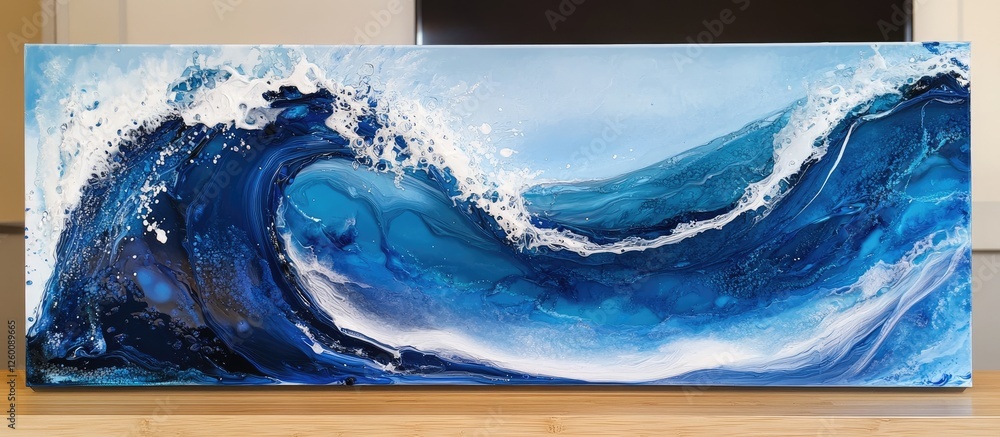 Poster vivid abstract wave artwork in rich blue tones displayed on a wide canvas, showcasing intricate alco