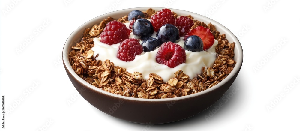 Poster bowl of granola topped with yogurt and assorted berries including raspberries and blueberries agains
